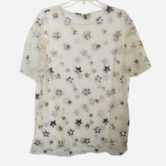 Charlotte Russe Star Embellished Sheer Short Sleeve Top Fairycore 1X Sequins - Picture 2 of 7